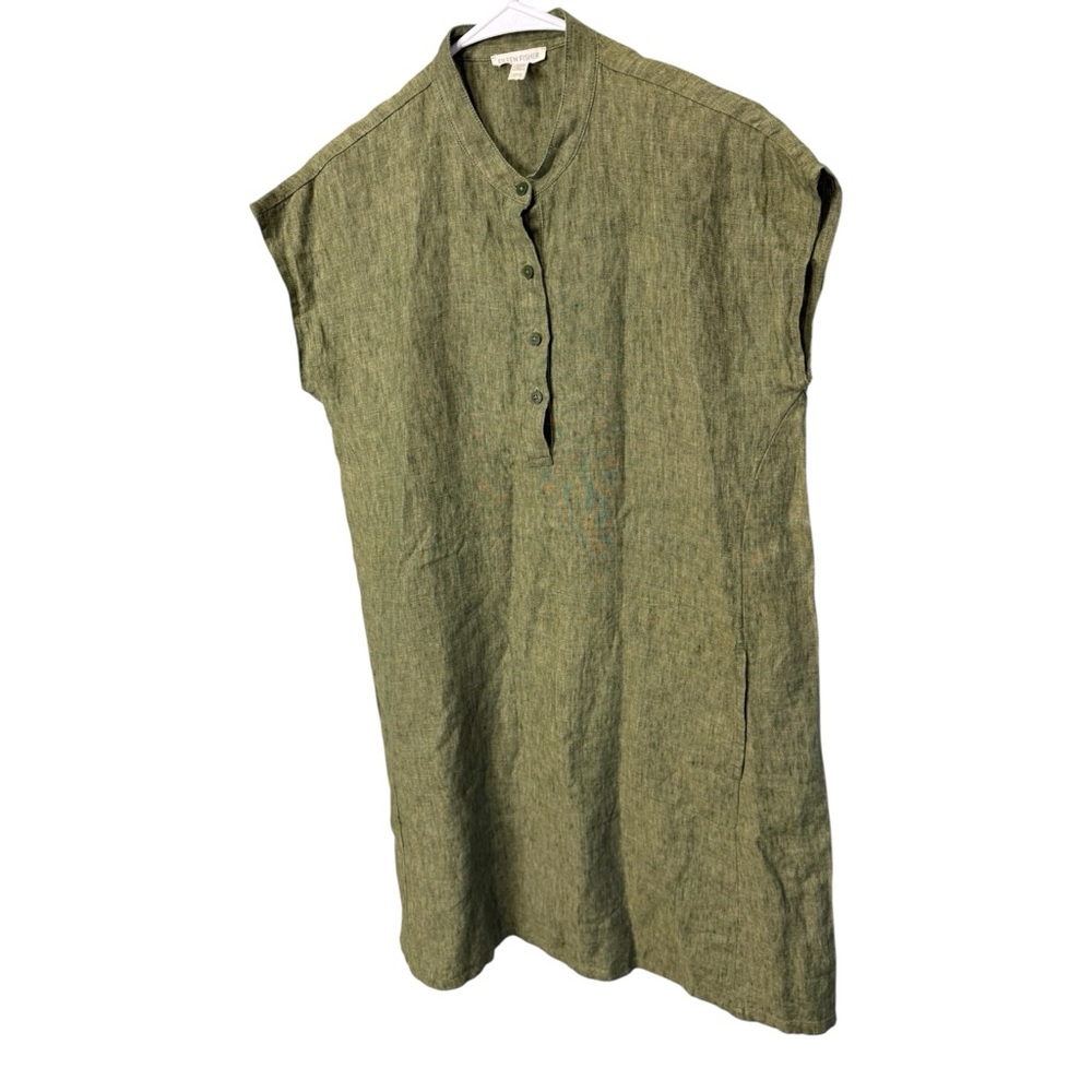 Eileen Fisher Olive Green Linen Shift Dress - Picture 3 of 7